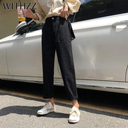 WITHZZ Autumn Womans Denim Pants for Women Vintage Female Straight Pants Trousers High Waist Jeans