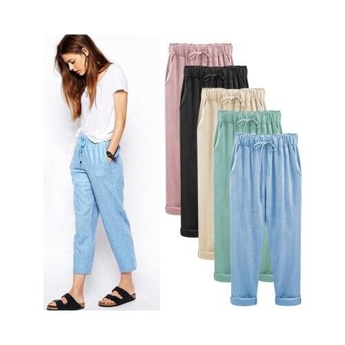Women Casual Trousers High Waist Summer 2020 NEW Loose Cotton and Linen Trousers Vintage Fashion Straight Trousers PLUS SIZE