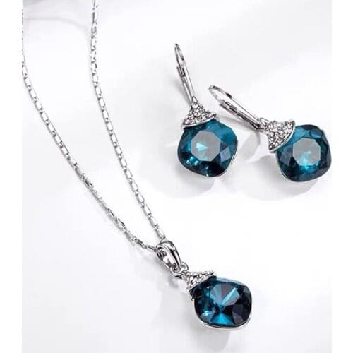 MOONROCY Crystal Earring Blue Purple Red Chokers Pendant Necklace Rose Gold Silver Color Women Female Dropshipping Jewelry