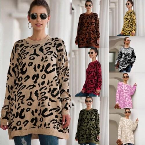 High quality ladies long paragraph pullover leopard sweater autumn winter casual loose printed long-sleeved knitting sweatea