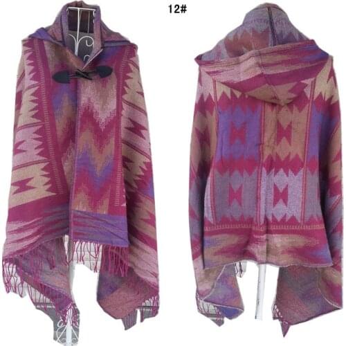 Free Shipping new ladies wool blends hooded geometric print poncho fashion cape warm shawl 3 colors available Retail