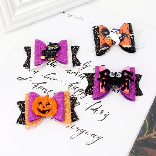 12 Pcs/Lot, Halloween Bow Clip Ghost Glitter Leather Bow Clips, Halloween Spider Glitter Bow Clip Holiday Gift