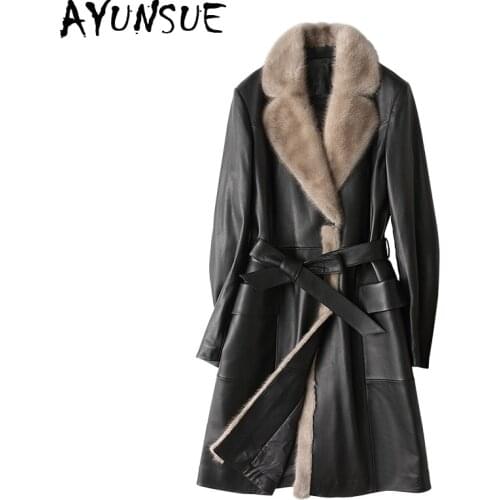 AYUNSUE Luxury Genuine Leather Jacket Long Women Winter Down Coats Mink Fur Collar Real Sheepskin Coat Female Jackets X25WYQ1642
