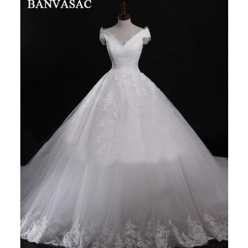 BANVASAC 2017 New Luxury Embroidery V Neck Wedding Dresses Short Cap Sleeve Satin Court Train Lace Bridal Ball Gowns