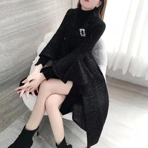 Black Tweed Coat Female 2021 New Retro Autumn And Winter Dress Korean Slim Fashion Coat Medium And Long Temperament Coat