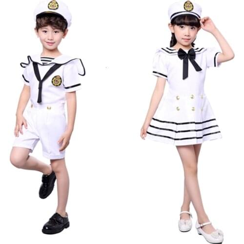 90-170CM Kids Costumes for Navy Sailor Uniform Halloween Cosplay Girls Party Performance Boys Marines Fleet Clothing with Hat