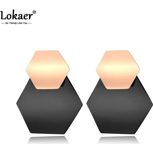 Lokaer Curved Hexagon Rose Gold Color & Gun Black Plated Earrings 316L Steel Jewelry Christmas Anniversary Gift E18062