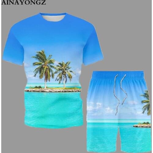 Summer Trend Men Sets Casual Beach Shorts Outfit Coconut Tree Sea View 3D Printed Short Suit Ordinary O-Neck T-Shirt 2 Piece Set