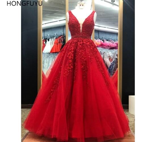 HONGFUYU Red abiti da sera Prom Dresses suknie wieczorowe Lace Sheer V Neck Tulle Ball Gown Crystals Belt Evening Formal Dresses