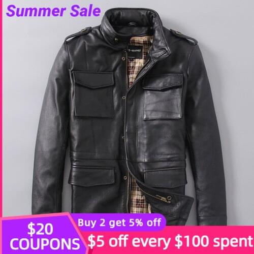 2021 Black Men Military M65 Leather Jacket Plus Size XXXXXL Genuine Thick Cowhide Long Russian Winter Safari Natural Coat