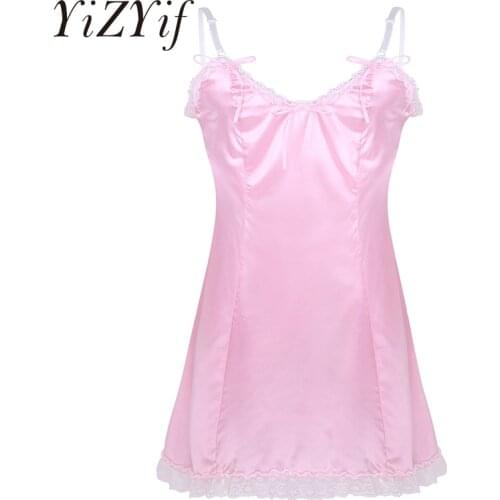 Men Sissy Dress Sexy Gay Smooth Satin Adjustable Spaghetti Shoulder Straps V-neckline Low Back Sissy Fancy Vintage Slip Dress