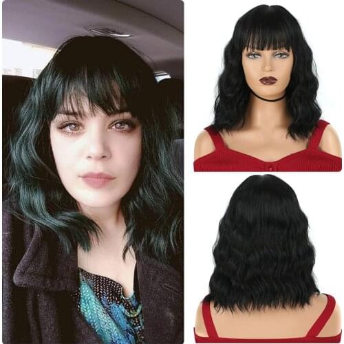 Natural black womens wigs with neat bangs medium ombre wavy bob heat resistant wig for women cosplay