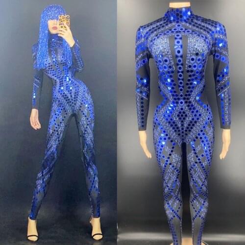 New Bar Dj Jumpsuit Festival Outfits Performance Party Fake Exposed Meat Printing Sequined Long Jumpsuit Stage Costumes DN7308