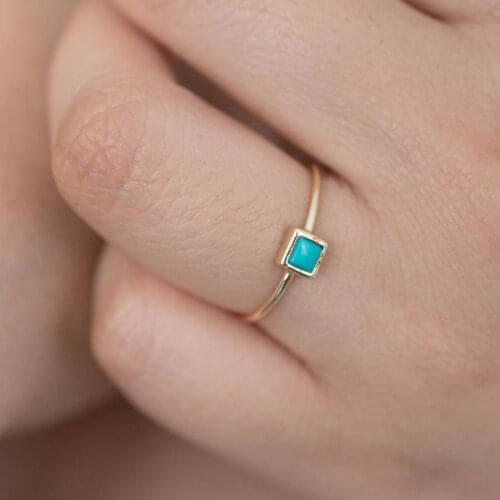 Single stone ring with geometric square rectangle turquoises stone 925 sterling silver minimal simple finger jewelry