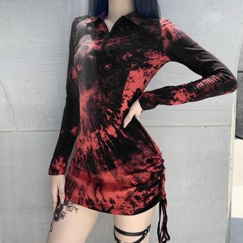 Autumn womens tie-dye print A-line dresses zipper polo collar mini hip dresses sexy drawstring punk style cool ladies clothes