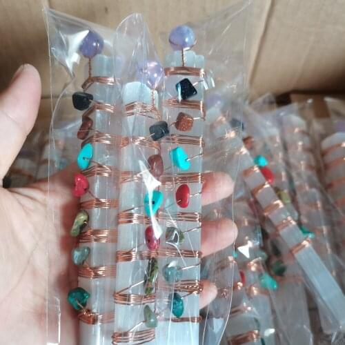 12-15cm Natural Crystal Wand Seven Chakra Labradorite/Amethyst Multi Chip Gravel Stone Wire Selenite Wand Home Decora Gift