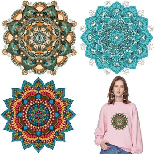 Prajna Iron On Patches Mandala Flowers Stripe Thermal Stickers On Clothes Heat Transfer Fusible Heat Transfer Vinyl Custom Patch