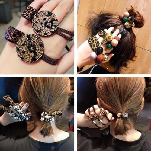 Korean Women Elastic Hair Rope Leopard Pearl Hair Rubber For Ladies Stretchy Rainbow Hair Band Headdress Hair Accessories 1PCS