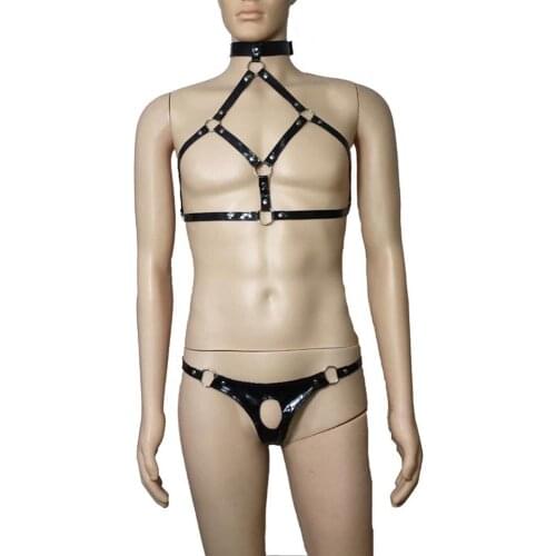Sexy Fetish Men Faux Leather Wet Look Body Harness Bikini Underwear Top Crotch Hole Panties Mankini Night Club Costume