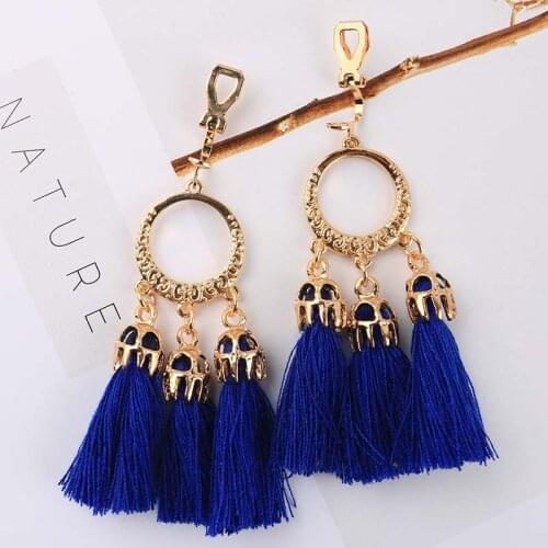8 Color Bohemian Statement Tassel Clip On Earrings For Women Non Pierced Dangle Trendy Cotton Rope Fringe Clip Ear Jewelry GifT