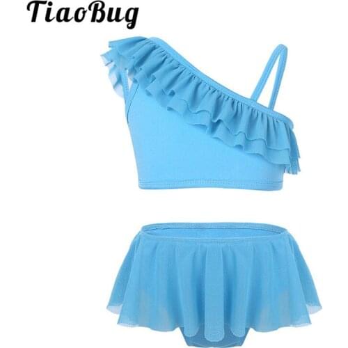 TiaoBug Kids Girls Ruffle Tankini One-shoulder Swimsuit Swimwear Bathing Suit Bikini Set Child Swim Tops with Bottoms Beachwear