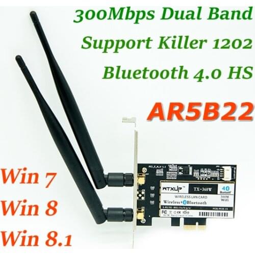 Atheros AR5B22 Dual Band 300Mbps PCI-E PCI Express Wireless WiFi Adapter with Bluetooth 4.0 + 2x5dBi Antenna For WIndows 7/8/8.1