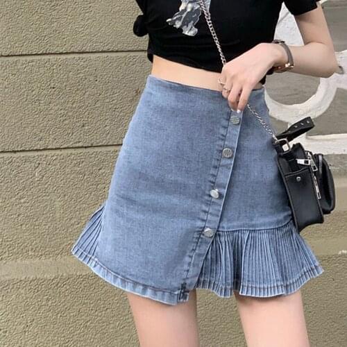 New 2021 Summer High Waist Irregular Skirt Denim Korean Style Single Buttons A Line Elegant Blue Midi Jeans Skirts Womens