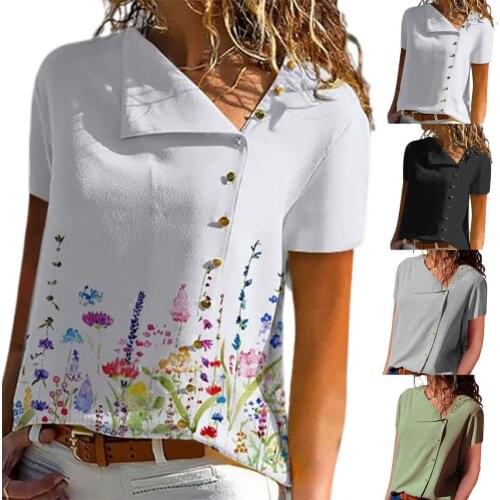 Women Fashion V Neck Short Sleeve Top Clothing Solid Color Floral Print Button Women Casual Blouse for Office Daily wear