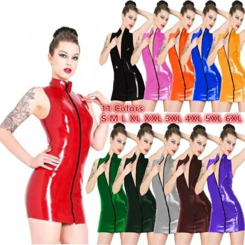 High Quality PVC Women Sexy Sleeveless Dress Glitter Club Party Pole Dancing Mini Dress Bodycon Zipper Front Turtleneck Vestido