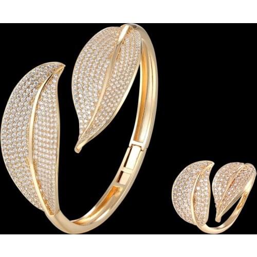 Zlxgirl jewlery Perfect two leafs copper wedding brangle with ring bridal jewelry sets fashion women size zirconia bangle bijoux