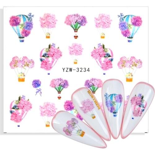 1 Sheet Small Fresh Green Leaves Pink Flowers Water Decals Simple Floral Bouquet Transfer Stickers Slider Nail Art Decoration