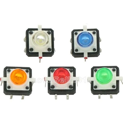 5PCS 12X12X7.3 Tactile Pushbutton Switch Momentary Tact LED 5 Color DC12V, 50MA White Blue Green Yellow colors