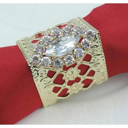 50pcs Gold Plated Alloy with Oval Crystals Napkin Ring Serviette Buckle Holder For Wedding Party Banquet Dinner Decoration