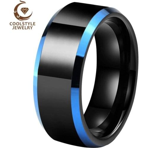8MM Black Men Ring Blue Wedding Band Tungsten Carbide Ring With Shiny Polished Beveled Finished Comfort Fit