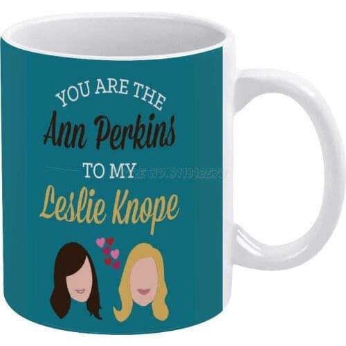 Ann & Leslie White Mug White Ceramic Tea Cup Birthday Gift Milk Cups and Mugs Typography Parks and Recreation Tv Show Cute Funny