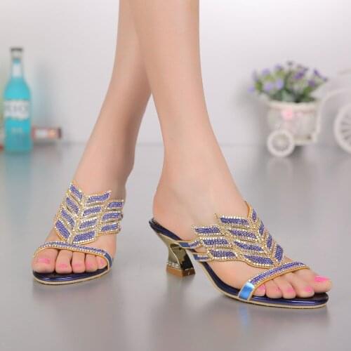 Brand Luxury Rhinestone Banquet Evening Dresses Shoes Fashion Open Toe Slip-on Hoof Heels Sandals Women Zapatos Mujer