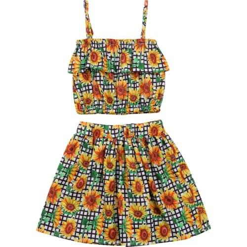 OPPERIAYA Kids Baby Girls Summer Cotton Two Piece Casual Set Fashion Sunflower Plaid Ruffles Camisole and A-line Short Skirt