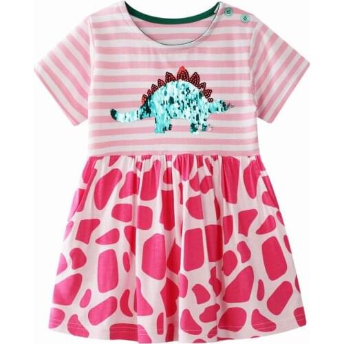 27kids Fashion Breathable Girls with Sequins Animal Pattern Buttons Cotton Kids Summer Short Sleeve Dress for Pink Stripes Skirt