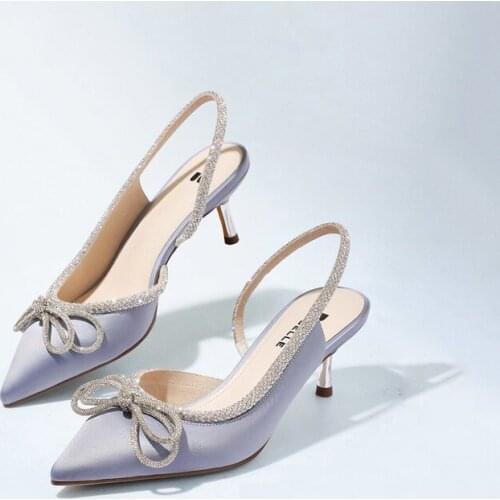 Designer Wedding Shoes Woman 2021 Pointed Toe Crystal Hih Heel Shoes Ankle Buckle Strap Rhinestone Bowtie Sandal Sexy Party Pump