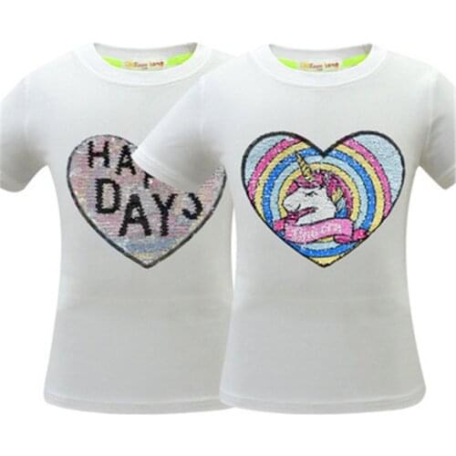 Magic sequins Boy T shirt Cartoon unicorn Girl Flip Double Sided T shirt Fashion Captain Children Clothes iron Man Kids Tops Tee