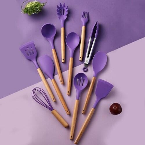 11 Pieces Cooking Tools Wood Handle Silicone Kitchenware Non-Stick Cooking Utensils Kitchen Accessories with Storage Bucket