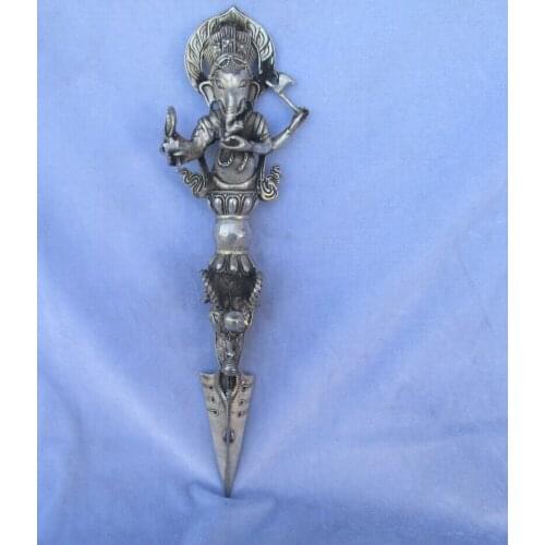 Collectible Old Handwork Tibet silver Buddhist Sword,Carved Elephant head /Ritual Dagger statue from tibetan ,Long 13 inch