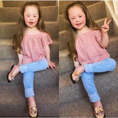 Toddler Kids Girls Newborn Clothes Off Shoulder Lace pullover short sleeve Tops Denim pocket Pants 2pc summer lovely Outfits