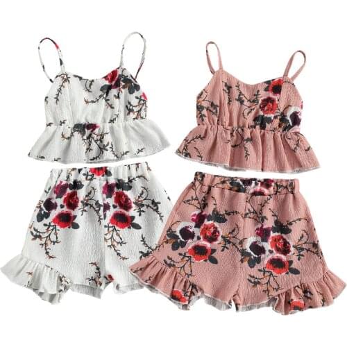 FOCUSNORM 2-7Y Summer Kids Girls Lovely Clothes Sets Flowers Printed Ruffles Strapless Vest Tops Trousers Shorts