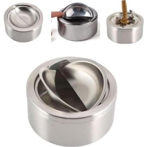 Round Stainless Steel Cigarette Lidded Ashtray Silver High Quality Windproof Lid Cover Ash Storage Case for Home Office 12x5cm