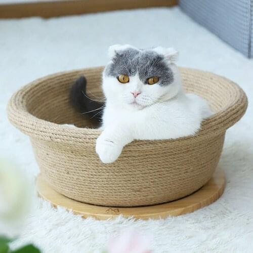 Round Cat Nest Multi-function Cat Bed Sisal Weaving Optional Wood Tap Solid Grinding Claws To Relieve Boredom Cat Toy Cat House
