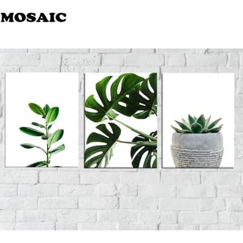 3pcs Full Square Drill 5D DIY Diamond Painting Cross Stitch"3 Piece Triptych Green Plants leaf"Rhinestone Mosaic home decoration