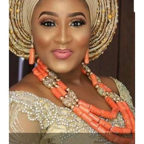 Latest African Coral Beads Necklace Earrings Bridal Jewelry Set for Nigerian Female Wedding Gift AJS001
