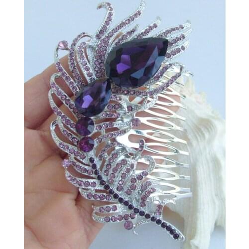 Charming 4.33" Purple Rhinestone Crystal Peacock Feather Hair Comb Wedding Headpiece FSE05038C2a