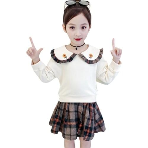 Teen Girls Clothing Sweatshirt + Plaid Skirt Costume For Girls Embroidery Girls Tracksuit Spring Autumn Costumes For Children